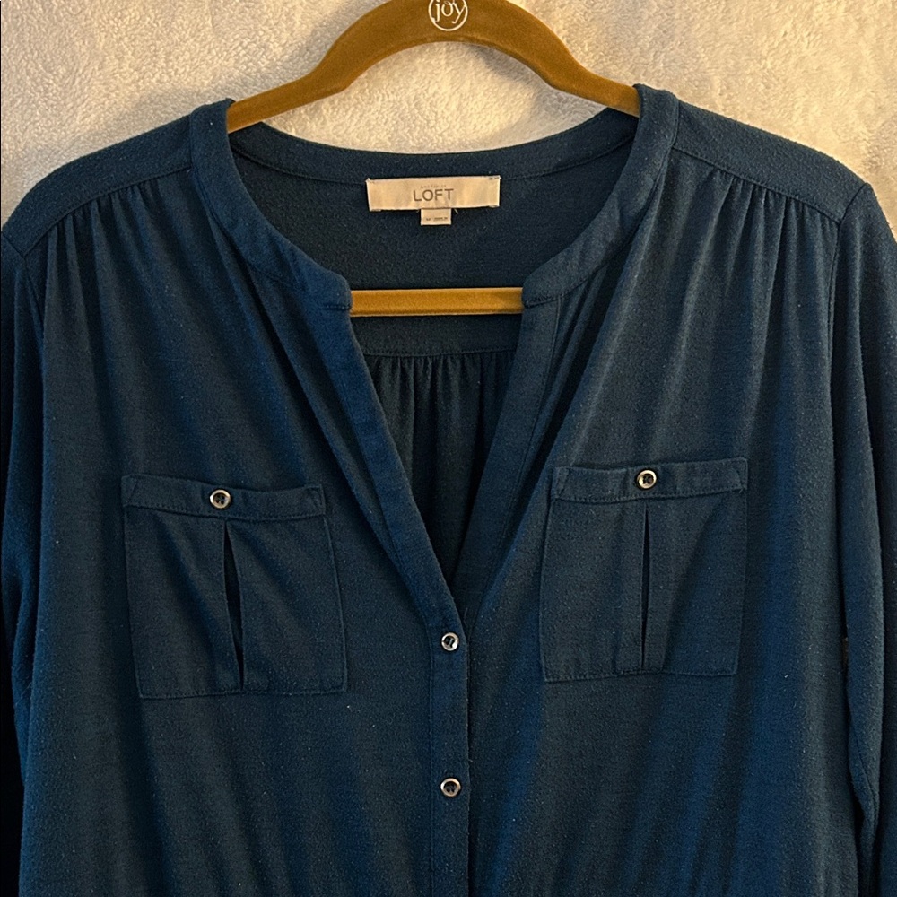 LOFT Deep Green Button-Up Knit Shirtdress Medium - Picture 4 of 7